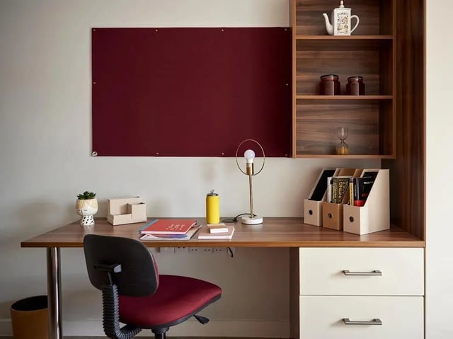 Desk chair lamp plant and bulletin board study area at Central Studios Reading in Reading Student Accommodation