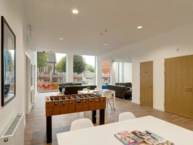 Foosball table sofas tables magazines living room at Central Studios Reading in Reading Student Accommodation