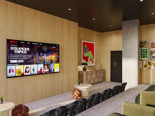 Large TV with Stranger Things movie playing communal area at Biscuit Factory in Belfast Student Accommodation