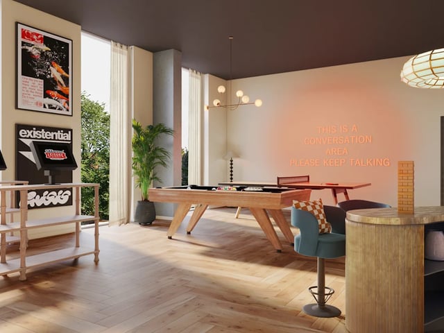 Pool table ping pong table neon sign living area at Biscuit Factory in Belfast Student Accommodation