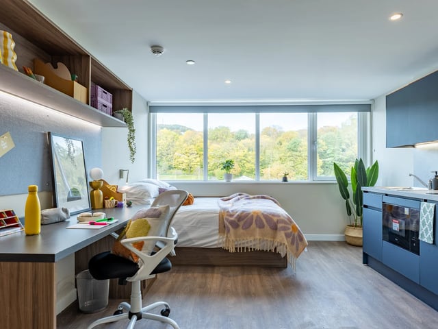 Bed desk and kitchen area studio apartment at Stanley Studios - Dundee in Dundee Student Accommodation