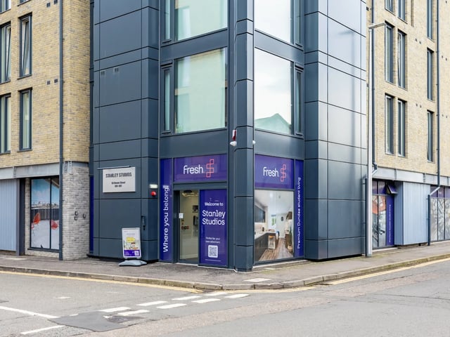 Stanley Studios building with large windows and entrance exterior at Stanley Studios - Dundee in Dundee Student Accommodation
