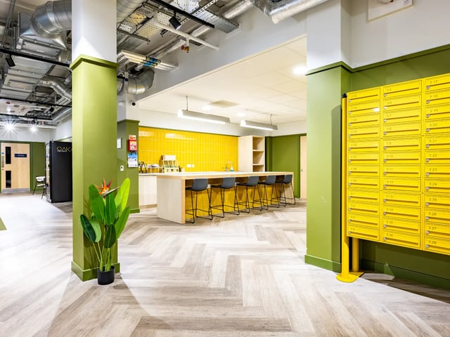 Mailboxes and kitchen island with stools communal area at Stanley Studios - Dundee in Dundee Student Accommodation