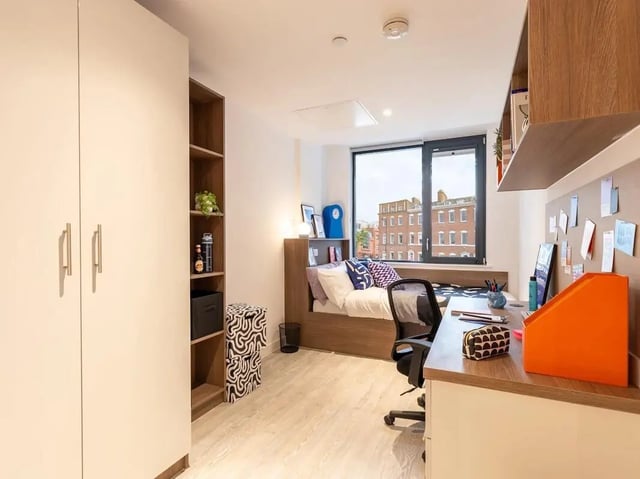 Wardrobe bed desk with chair and window bedroom at Glassworks in Bristol Student Accommodation