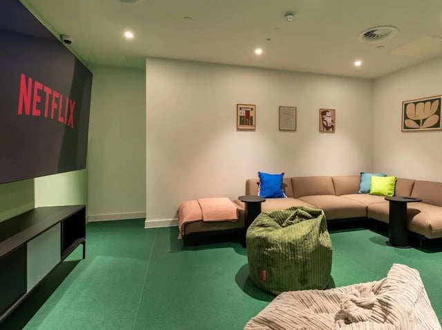 Netflix screen sectional sofa beanbags living room at Glassworks in Bristol Student Accommodation