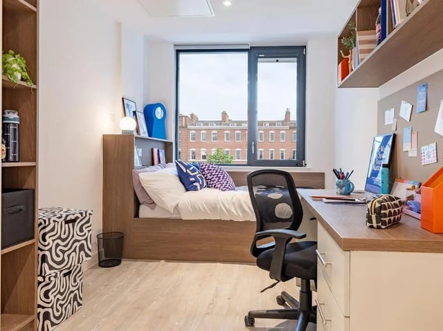 Bed desk chair and shelving study bedroom at Glassworks in Bristol Student Accommodation
