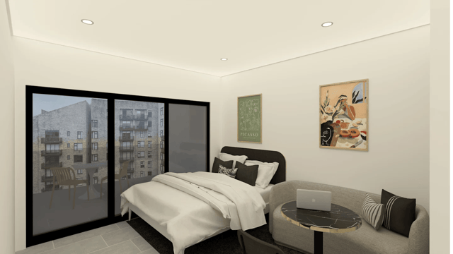 Bed couch table laptop balcony bedroom at UKO Rosebery in Sydney Student Accommodation