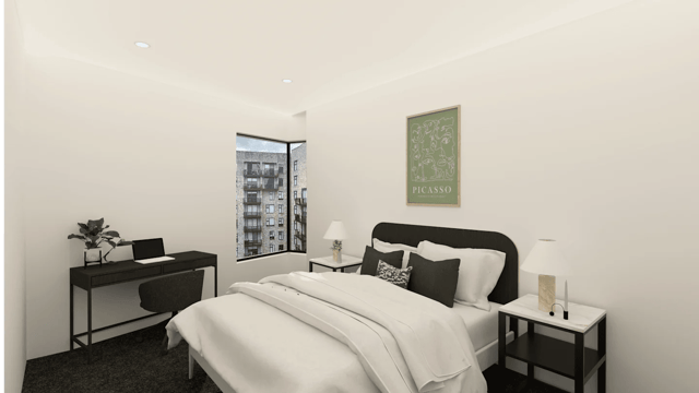Bed desk and Picasso print bedroom at UKO Rosebery in Sydney Student Accommodation