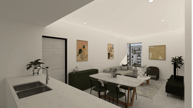 Dining table sofa and artworks living room at UKO Rosebery in Sydney Student Accommodation