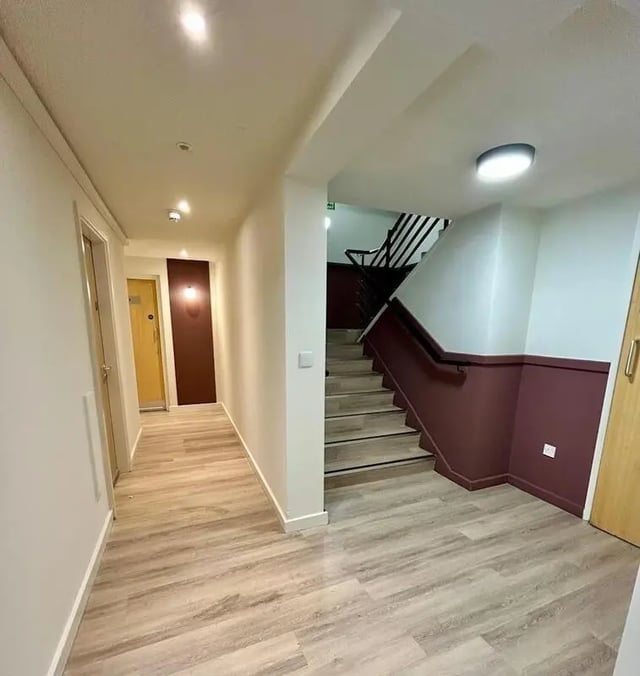 Hallway with stairs and doors interior corridor at The Railyard in Liverpool Student Accommodation