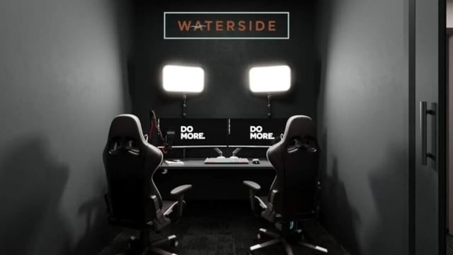 Waterside gaming setup with dual monitors study area at Waterside in Bristol Student Accommodation