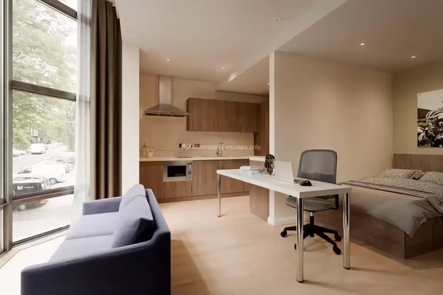 Sofa desk kitchen and bed studio apartment at Ryan Hall in Belfast Student Accommodation