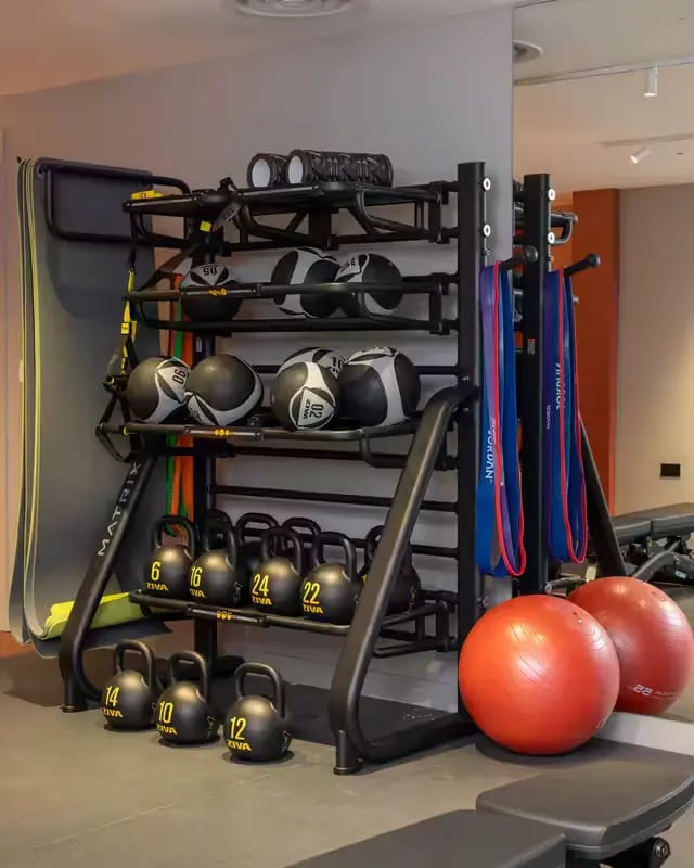 Dumbbells medicine balls resistance bands gym playing area at The Pepper Mill in Edinburgh Student Accommodation