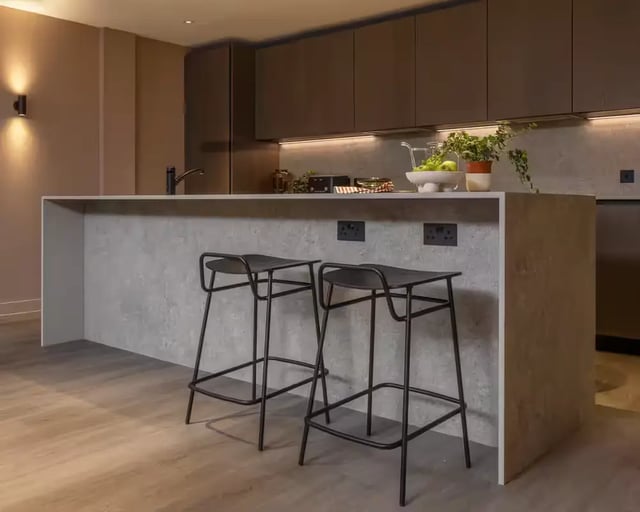 Modern kitchen island with bar stools kitchen at The Pepper Mill in Edinburgh Student Accommodation