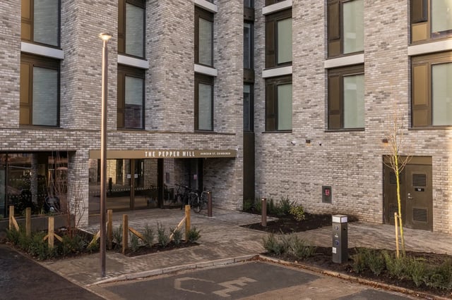 Building exterior with entrance and parking bollard Exterior at The Pepper Mill in Edinburgh Student Accommodation