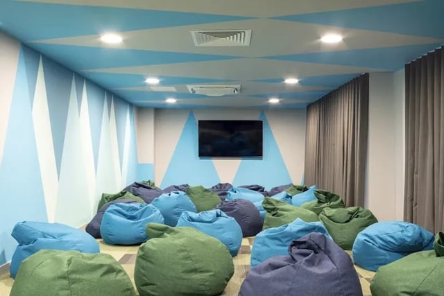 Beanbag chairs and television in a colorful room at Aspen Dublin in Dublin Student Accommodation