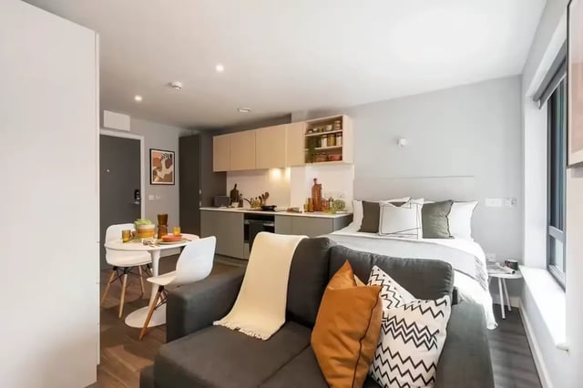 Bed sofa dining table kitchen studio apartment at The Aspen in Leicester Student Accommodation