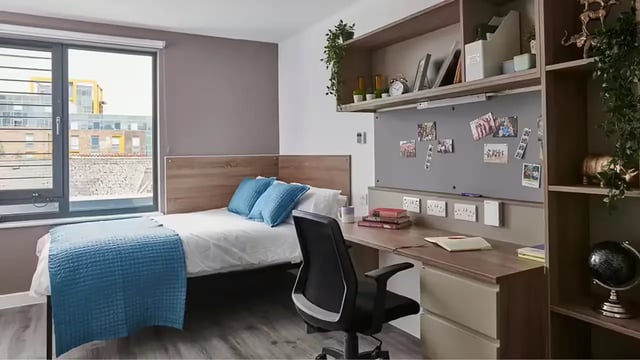 Bed desk shelving window exterior at Howard Gardens in Cardiff Student Accommodation
