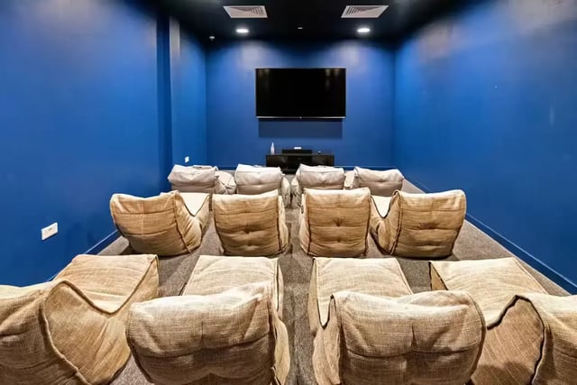 Beanbag chairs arranged theater-style in room cinema room at Howard Gardens in Cardiff Student Accommodation