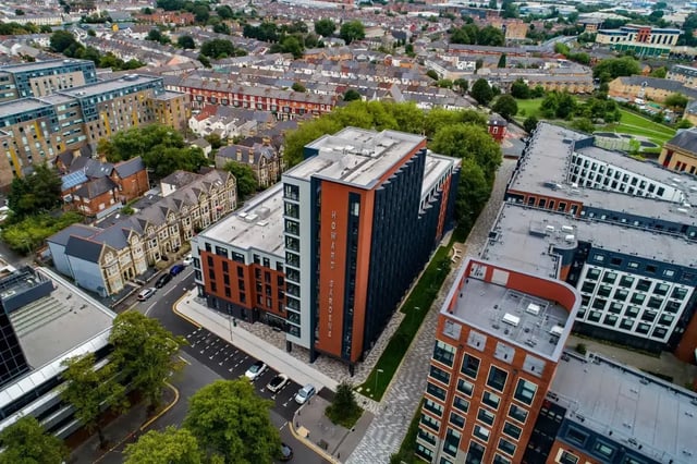 Modern student housing exterior with surrounding buildings exterior at Howard Gardens in Cardiff Student Accommodation