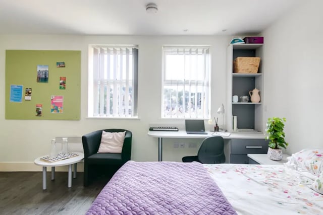Bed desk chair bulletin board study bedroom at Ty Ni in Bangor Student Accommodation
