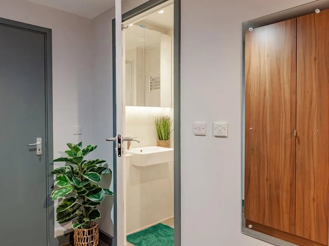 Plant and sink in a modern bathroom at Straits Garden in Egham Student Accommodation