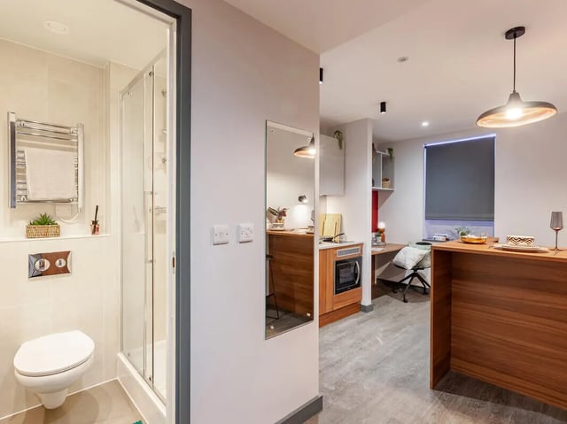 Toilet shower and kitchen studio apartment at Straits Garden in Egham Student Accommodation