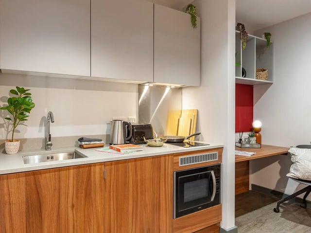 Sink kettle toaster microwave desk plant kitchen at Straits Garden in Egham Student Accommodation