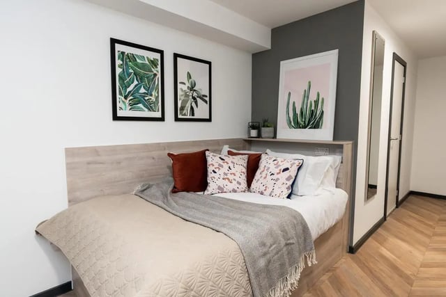 Bed pillows artwork and blanket bedroom at Steelworks in Sheffield Student Accommodation
