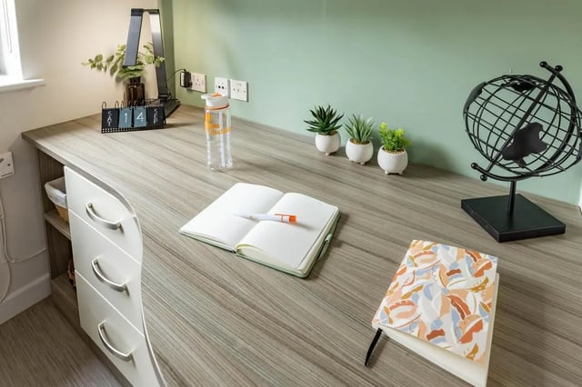 Desk with globe plants water bottle and books study area at Hamwic Hall in Southampton Student Accommodation