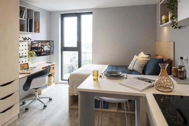 Bed desk chair TV and kitchen area studio apartment at Hillside House Sheffield in Sheffield Student Accommodation