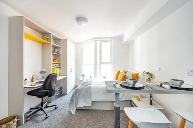 Desk chair bed table and shelving student studio at Foundry Studios in Lancaster Student Accommodation