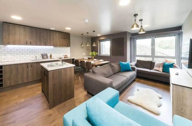 Modern kitchen dining and living area. at Ernest Place in Durham Student Accommodation