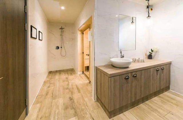 Modern bathroom vanity shower and sauna room at Ernest Place in Durham Student Accommodation