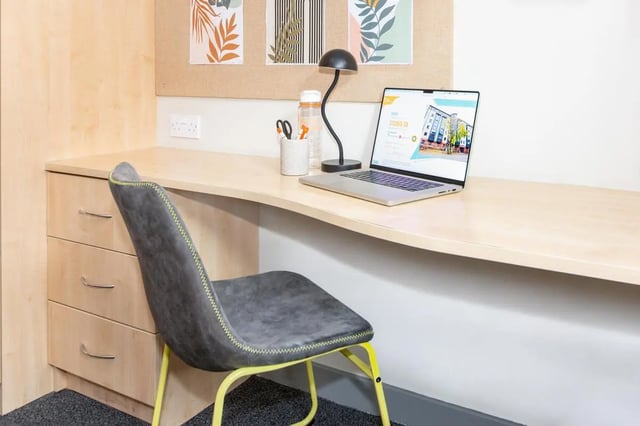 Desk with laptop chair and drawers Study area at Studio 58 in Bristol Student Accommodation