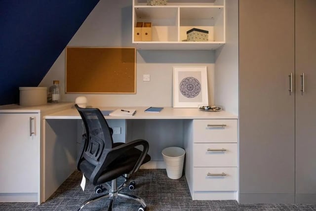Desk chair corkboard framed art storage study area at Ash Grove Court - Guildford in Guildford Student Accommodation