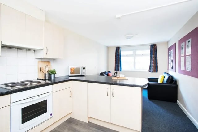 Kitchen counter microwave oven sofa and window kitchen at St Martins House in Leicester Student Accommodation