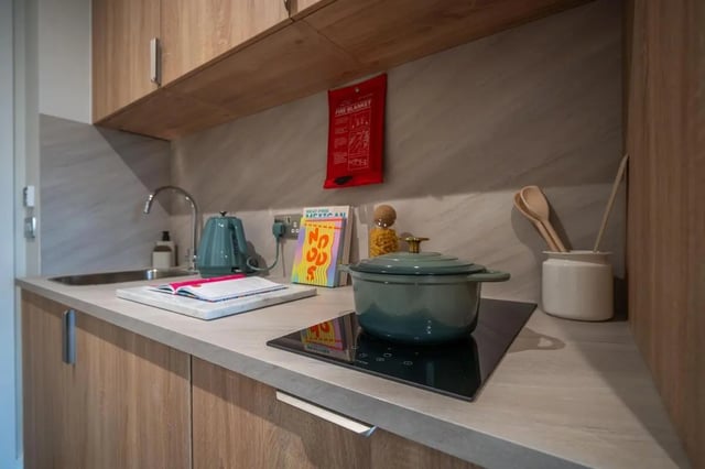 Kitchen counter with kettle pot and utensils kitchen at The Sail Works in Lancaster Student Accommodation