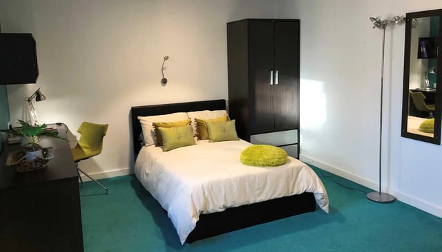 Bed desk lamp plant chair wardrobe mirror Bedroom at Plato House in Liverpool Student Accommodation