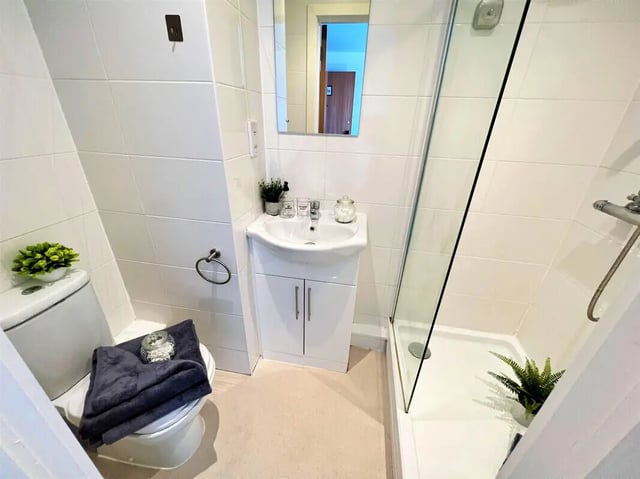Toilet sink shower plants bathroom at Plato House in Liverpool Student Accommodation