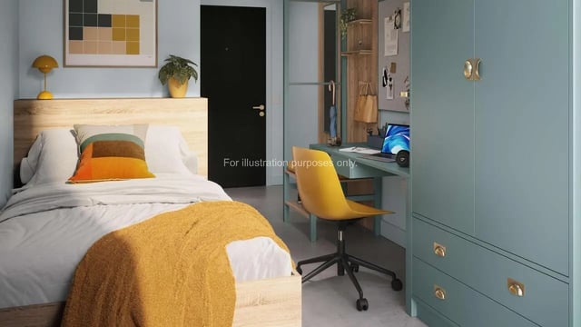 Bed desk wardrobe and artwork student bedroom at The Store House in Leeds Student Accommodation