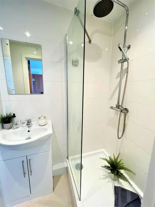 Sink shower mirror and plant bathroom at Plato House in Liverpool Student Accommodation