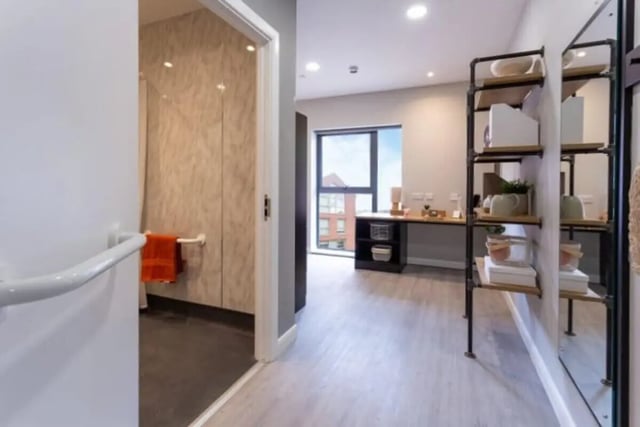 Shower area with grab bar and shelving study desk living room at Electric Press in Sheffield Student Accommodation