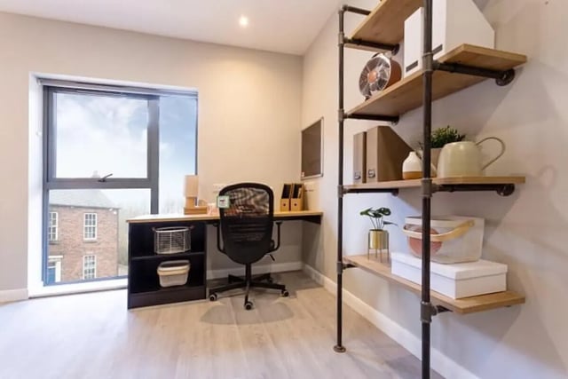 Desk chair shelves with fan and storage study area at Electric Press in Sheffield Student Accommodation