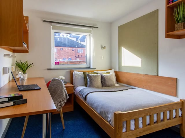Desk bed and chair student accommodation bedroom at The Print House in Loughborough Student Accommodation