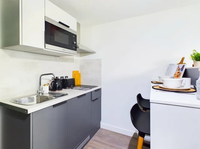 Sink kettle toaster microwave grey cabinets kitchen at The Edge in Belfast Student Accommodation