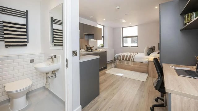 Studio apartment with bed kitchen and bathroom. at Headrow Court in Leeds Student Accommodation