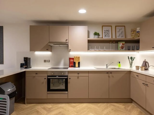 Modern student kitchen with oven and kettle kitchen at Arcadian in Nottingham Student Accommodation