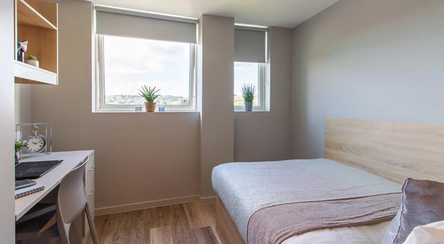 Bed desk shelves clock plants bedroom at Renslade House in Exeter Student Accommodation
