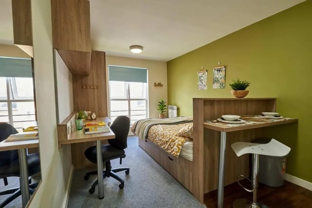 Bed desk mirror and bar stool bedroom at Selly Oak Court in Birmingham Student Accommodation